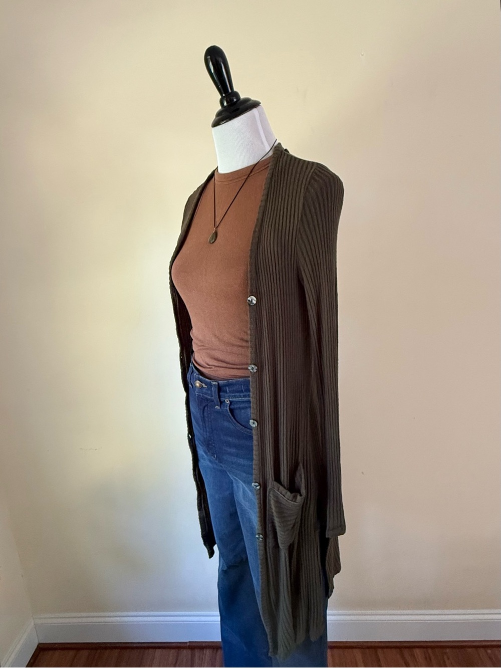 Long Ribbed Open Cardigan - Olive Green - Picture 2 of 5